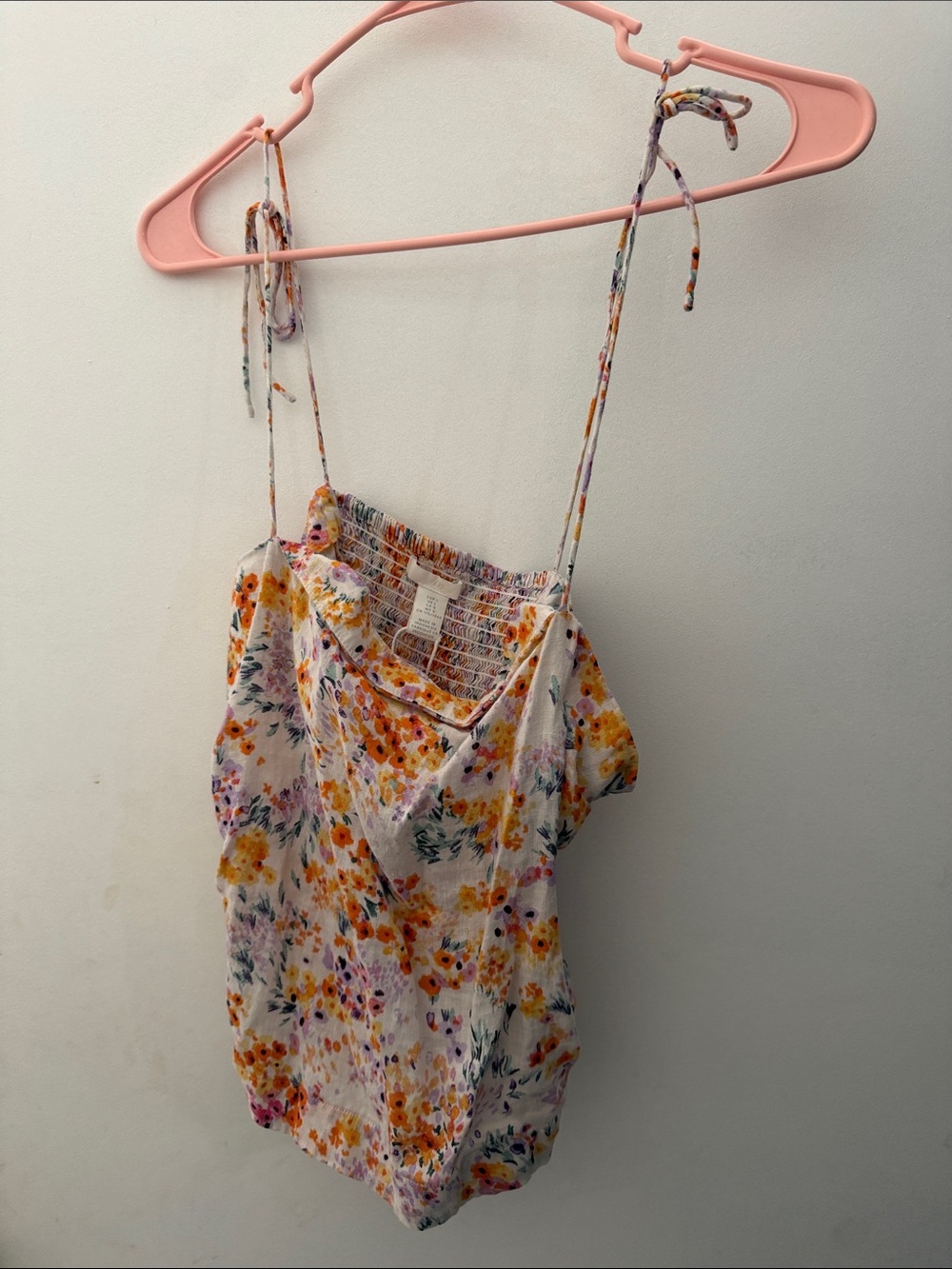 H&M White Floral Tie-Strap Tank Top with Yellow & Pink Flowers